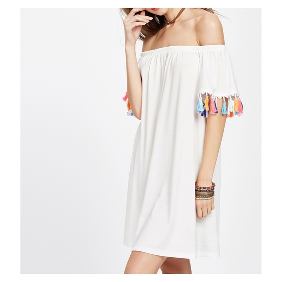 LAST ONE White Off Shoulder Tassels Shift Dress - Picture 3 of 8